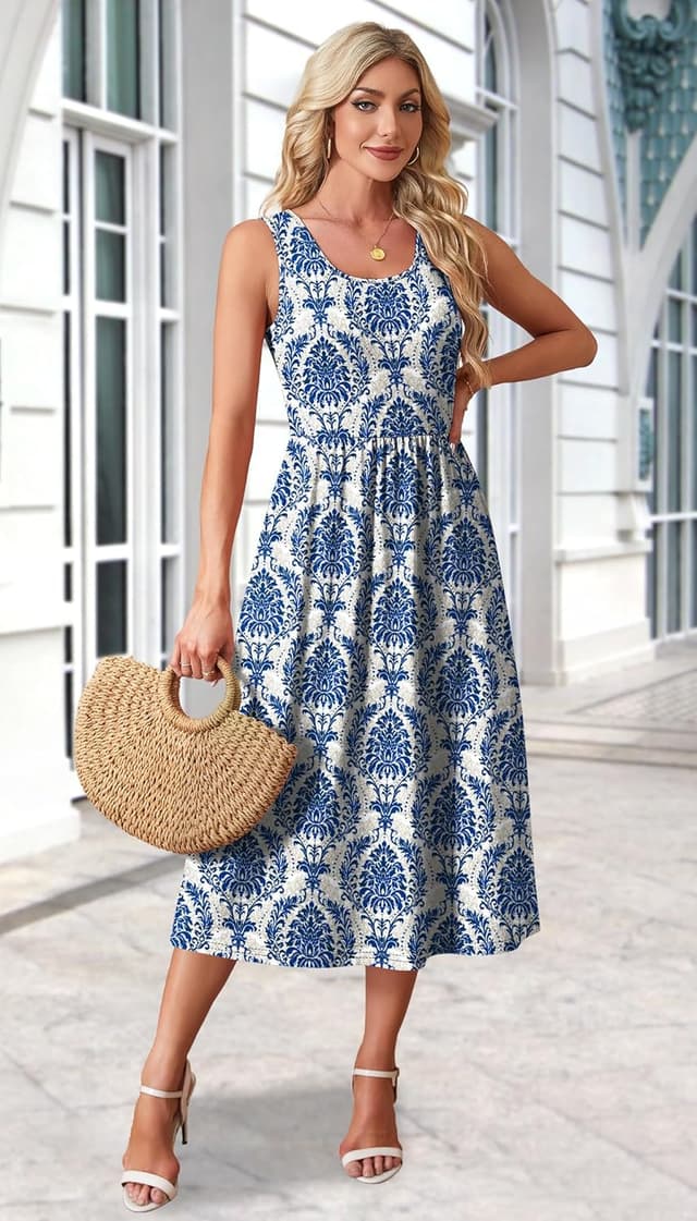 Detalle 2 de WIHOLL Flowly Casual Midi Dress with Pockets for Women — Scoop Neck, Sleeveless Tank Style