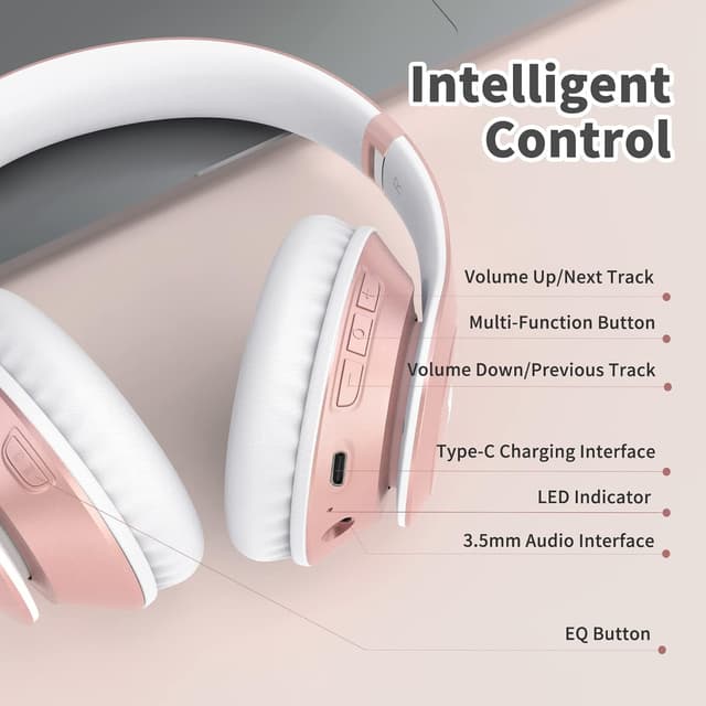 Detalle 2 de Uliptz kabellose Bluetooth-Over-Ear-Kopfhörer mit Mikrofon (65 Std. Spielzeit, 6 EQ-Modi, faltbar) – Roségold