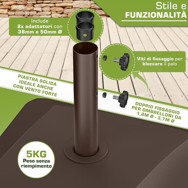 Detalle 2 de tillvex Base per ombrellone GRAVIA con ruote e freni, zavorra riempibile 37L/56kg (marrone), per pali Ø 1,8–3,7 m