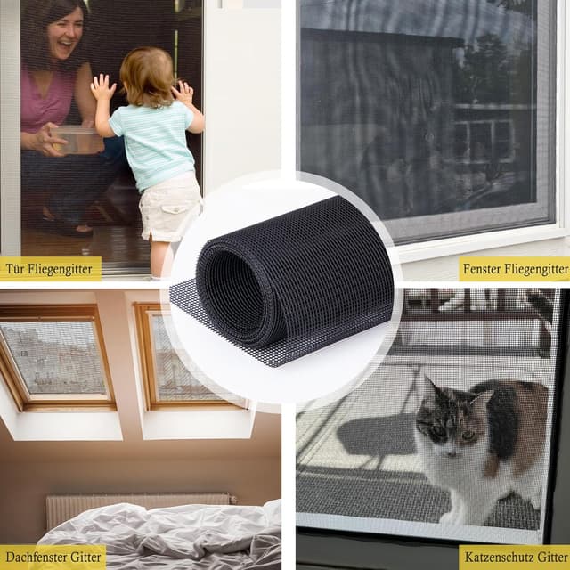 Detalle de fowong Fliegengitter Fenster 122×252 cm: Nanogitter DIY für Katzenkratzschutz, schwarz
