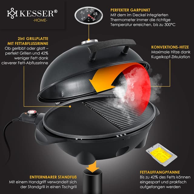 Detalle de KESSER® Elektrogrill 2in1 Tisch- & Standgrill mit Deckel (2.400 W), XXL Antihaft-Grillplatte