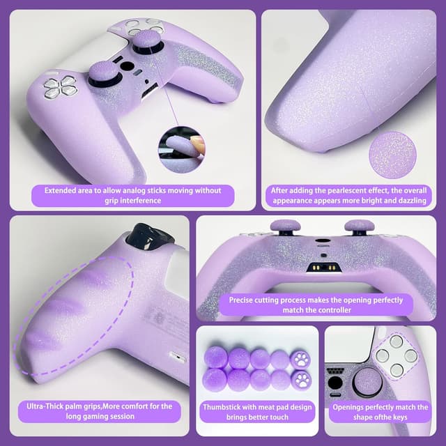 Detalle de HLRAO Purple Glitter anti-slip silicone cover skin for PS5 controller (8 thumb grips + 2 grips caps)