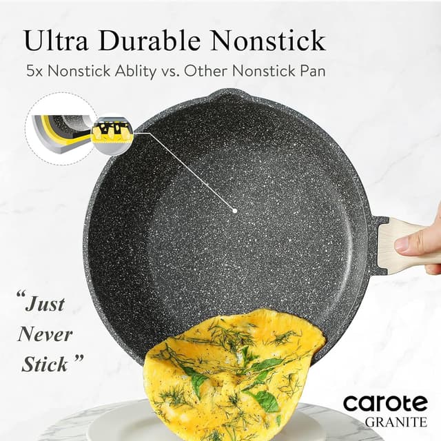 Detalle de CAROTE 10/12/12.5 Inch Nonstick Deep Frying Pan with Lid (Granite, PFOA-Free)