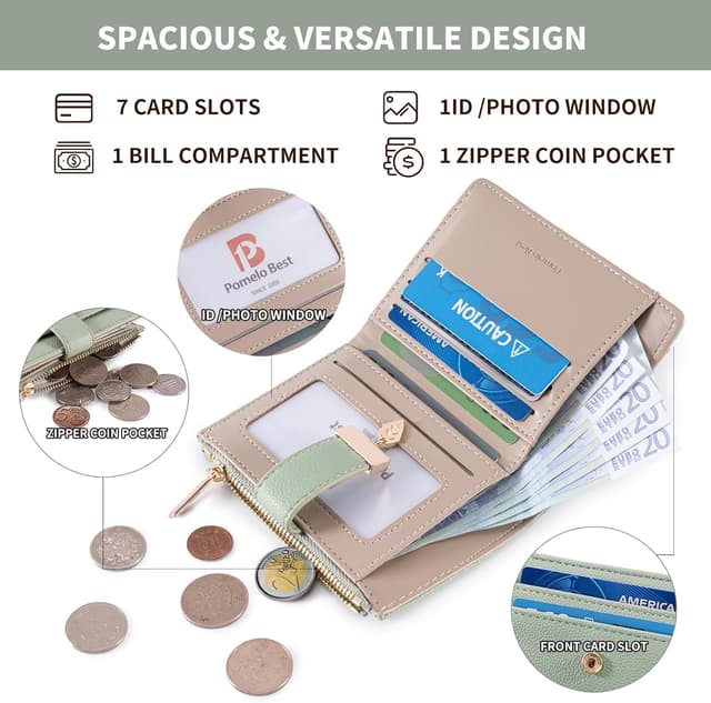 Detalle de Pomelo Best women’s RFID vegan leather bi-fold wallet with zip coin pocket