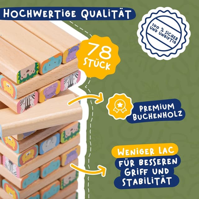 Detalle de Nene Toys 4-in-1 Holz-Wackelturm aus Buchenholz (Familienspiel & Lernspiel) – Safari-Tierspiel für Kinder 3–9