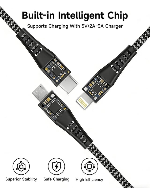 Detalle 2 de Anssan Câble Multi USB‑C 3 en 1 Charge rapide (100 W) Nylon – 1,2 m