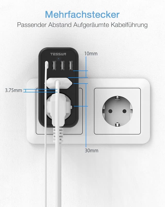 Detalle 2 de TESSAN Doppelstecker für Steckdose mit USB‑C – 2fach Adapter + 4× USB Netzstecker (3600 W, Schwarz)
