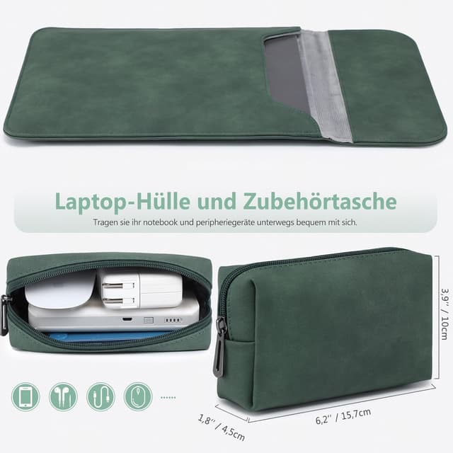 Detalle de HYZUO 15-inch laptop sleeve case bag in faux suede leather (Midnight Green)