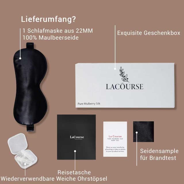 Detalle 2 de LaCourse 22 Momme Schlafmaske aus 100% Maulbeerseide (Schwarz) – komplett verdunkelnd & bequem