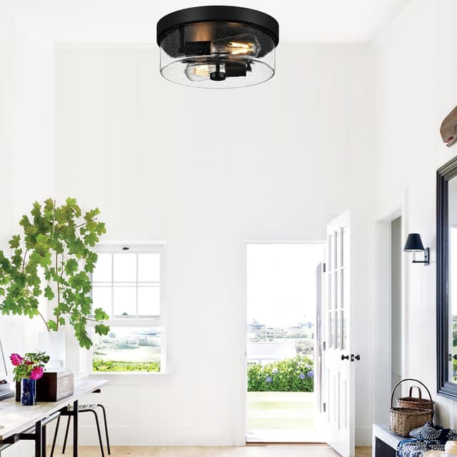Thumbnail 6 de Black 2-Light Flush Mount Ceiling Light Fixtures with Seeded Glass Shade (Farmhouse/Industrial Style)