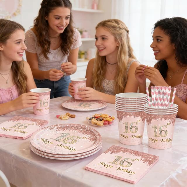 Detalle 2 de YRsorn 16. Geburtstag Mädchen Partygeschirr „Sweet 16“ für 16 Gäste