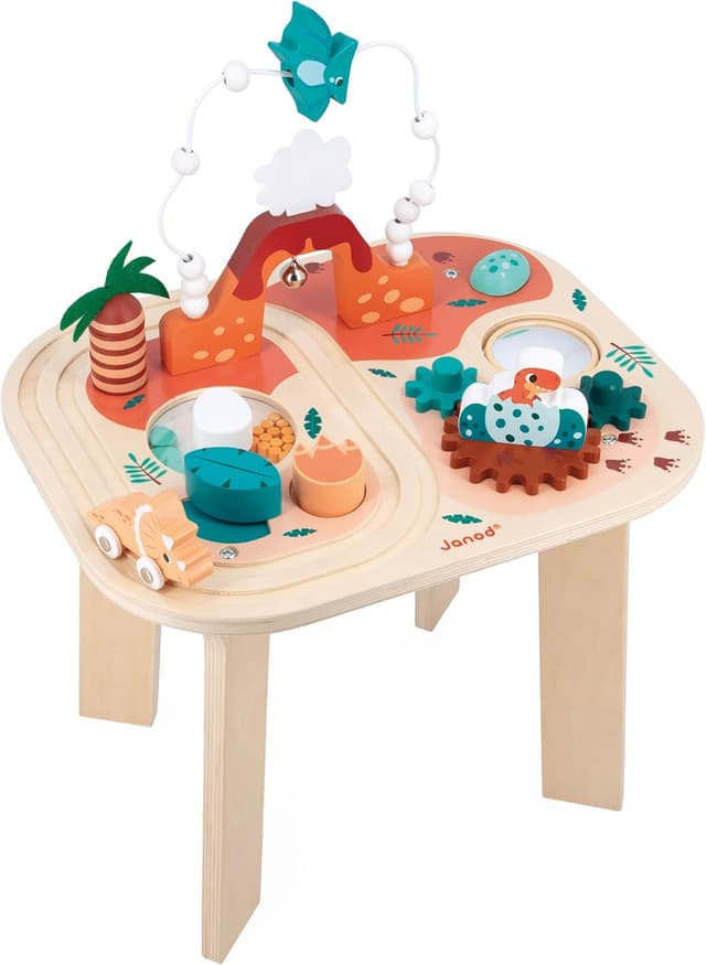 Detalle de Janod Table d’Activités Dinosaure avec 8 activités (dès 12 mois) – Jouet d’éveil en bois FSC