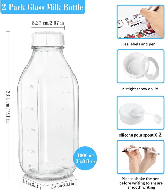Detalle 2 de 2 Pack Glass Milk Bottle 32 Oz 🥛