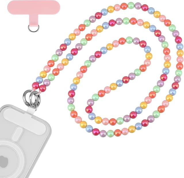Detalle de Qyoocom chaîne de téléphone portable avec perles colorées et cordon amovible (2 patchs) – cordon universel