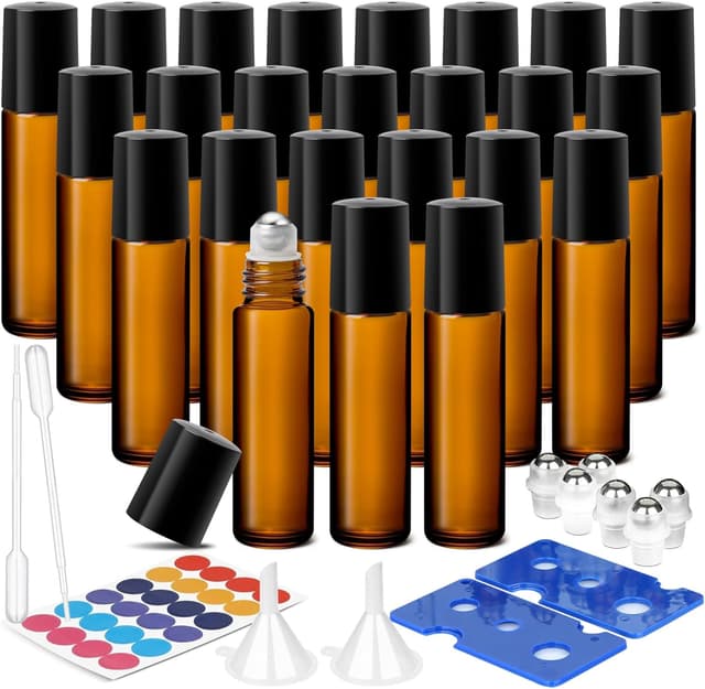 Detalle de ComSaf – Lot de 24 flacons roll-on vides en verre ambré (billes, accessoires) pour huiles essentielles et DIY