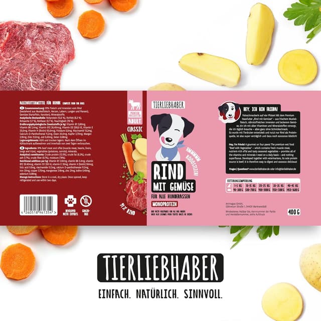 Thumbnail 6 de TIERLIEBHABER Hundefutter Nass 400 g (6×) mit Rind und Gemüse – von Tierärzten entwickelt