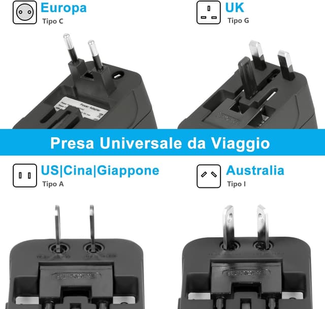 Detalle 2 de Amoner Adattatore da Viaggio universale 180 paesi, 2 porte USB 🔌