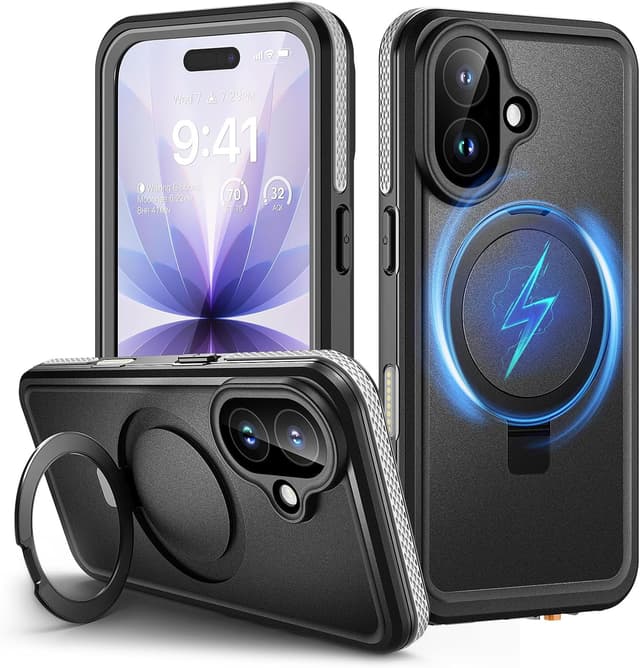 Detalle de Lanhiem Cover impermeabile antiurto per iPhone 17 IP68 con supporto posteriore, custodia subacquea full body nera