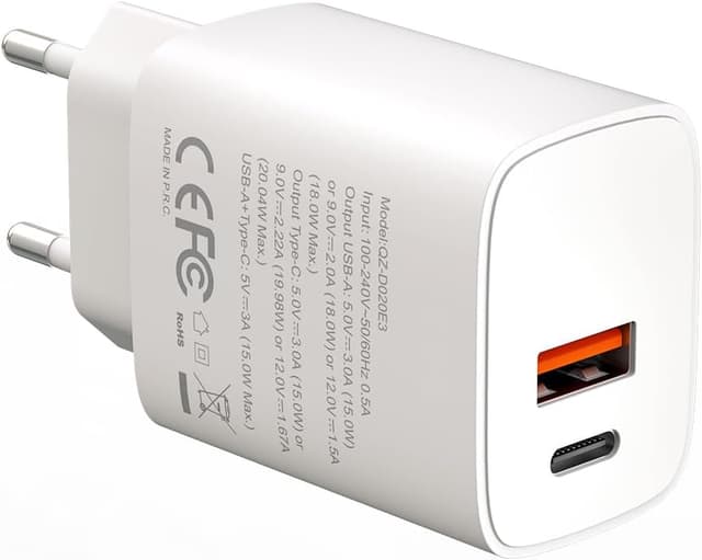 Detalle de Caricatore USB-C multi-alimentazione PD 20W + QC 3.0 con testina di ricarica rapida (standard europeo) per iPhone, iPad e Samsung Galaxy