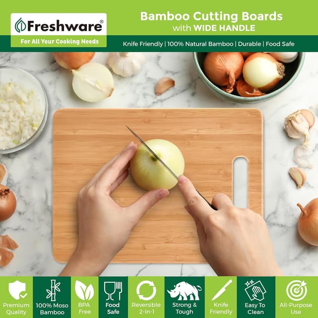 Detalle de Freshware Bamboo Cutting Board Set of 3 (Knife Friendly) with Hanging Holes