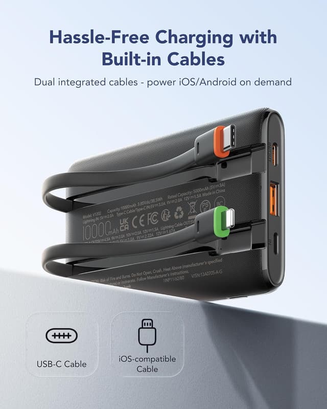 Detalle 2 de VEGER Power Bank 10000 mAh con cavi integrati e ricarica rapida 22,5W (4 uscite, display LED)