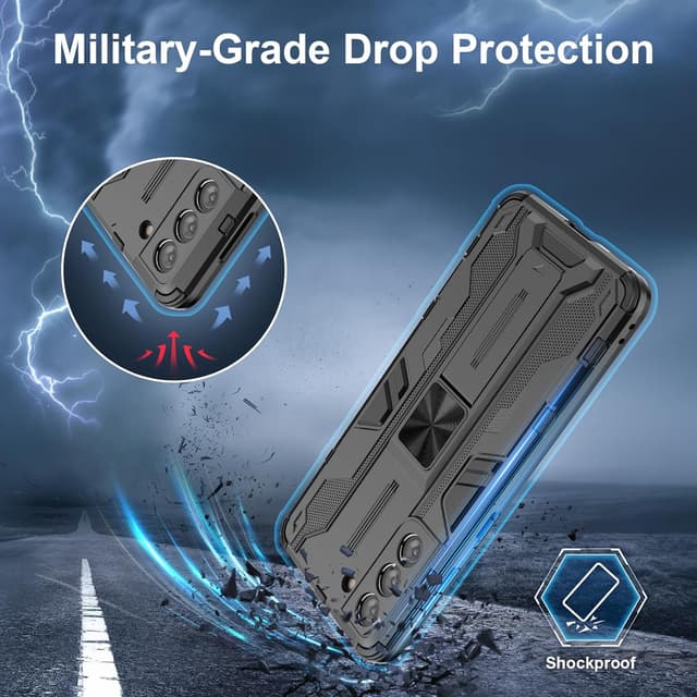 Detalle de Btstring Heavy Duty Armour Case for Samsung Galaxy S21 5G with Tempered Glass Screen Protector and Built-in Stand (Black)