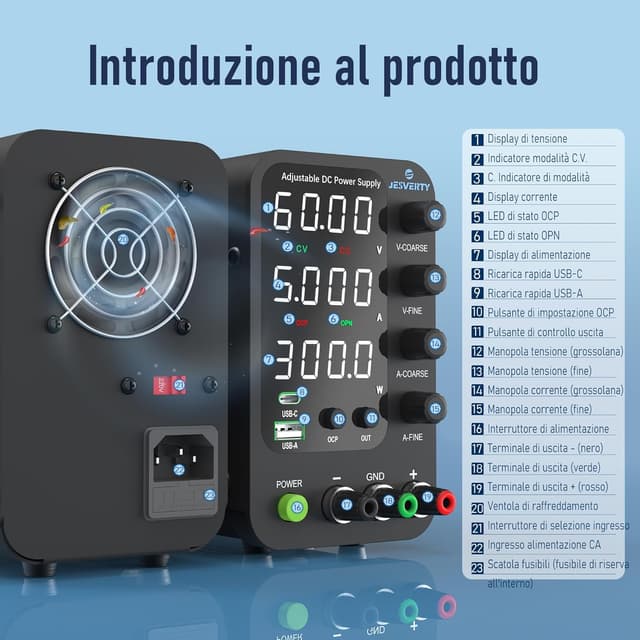 Detalle 2 de Alimentatore CC variabile da banco commutabile SPS-6005V con uscita ON/OFF e ricarica USB-C/Type-A 20W