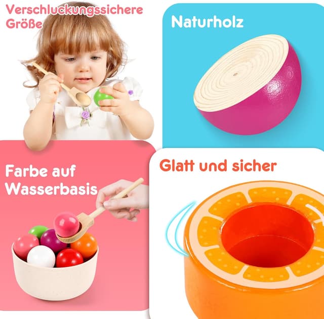 Detalle 2 de Montessori Obstsortierspielzeug aus Holz (ab 1, 2 und 3 Jahren) – Farbsortierung & Zählen