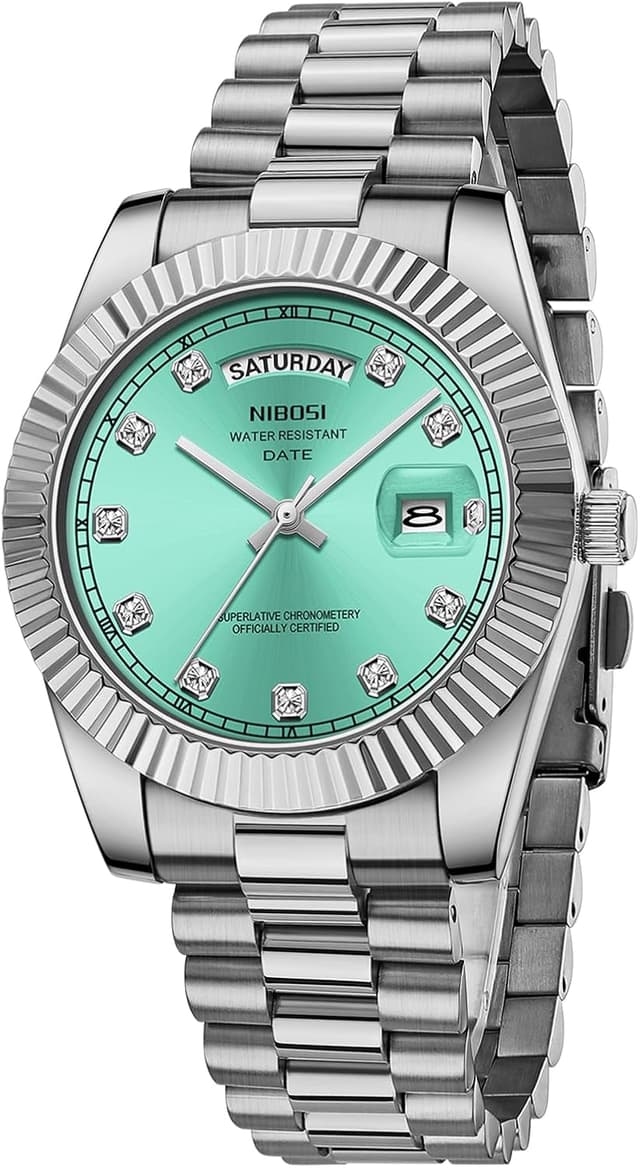 Detalle de NIBOSI Herrenarmbanduhr mit analogem Quarzwerk, Edelstahlband, Tag- und Datumsanzeige (3 ATM)