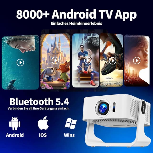 Detalle 2 de Tragbarer 4K-Beamer (1080P nativ) mit Netflix-Kompatibilität, WiFi 6 (5G Dualband) & Bluetooth 5.4 – C5 in Weiß