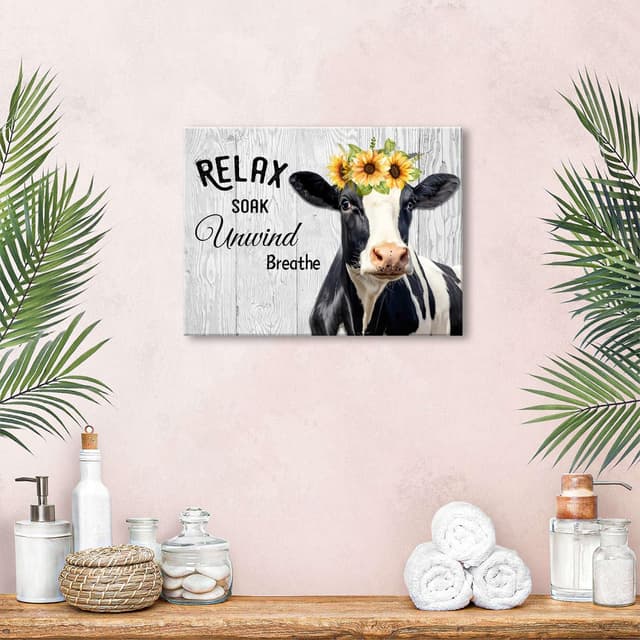 Detalle de Funny Cow Bathroom Wall Art (Relax Soak Unwind Breathe) 30 x 40 cm rustic farmhouse cow print