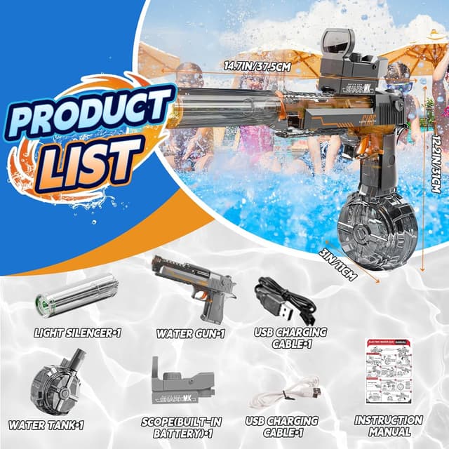 Detalle 2 de UROINT Electric Water Gun for Kids (Desert Eagle Black) – automatic long-range squirt blaster with LED