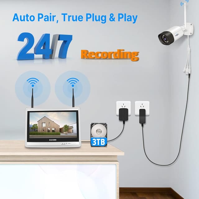 Detalle 2 de Hiseeu kit videosorveglianza WiFi esterno 5MP + NVR 10CH con monitor 12” e HDD 3TB
