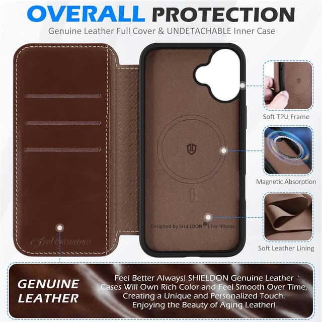 Detalle de SHIELDON Echt Leder Hülle für iPhone 16 Plus 5G (6,7") mit Kartenfach, RFID-Blocker & kabellosem Laden – Retro Kaffee