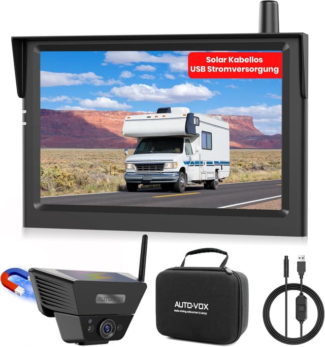Detalle de AUTO-VOX kabellose Rückfahrkamera mit Solar & Magnet, 5" 1080P Monitor (bis 115 m)