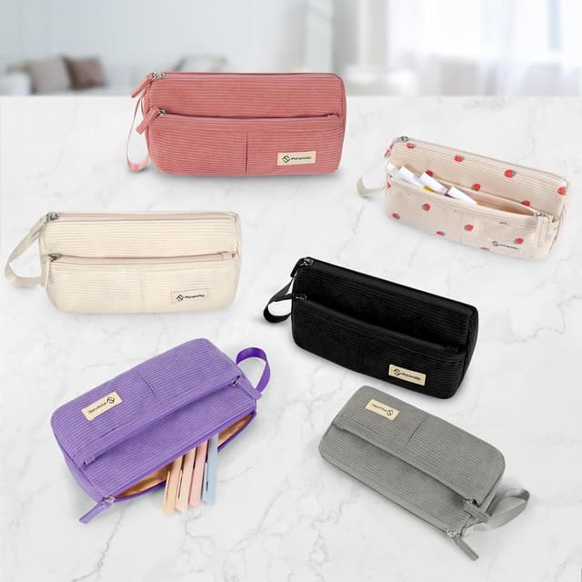 Thumbnail 6 de FINPAC Trousse scolaire en velours côtelé avec poche zippée et dragonne (rose)