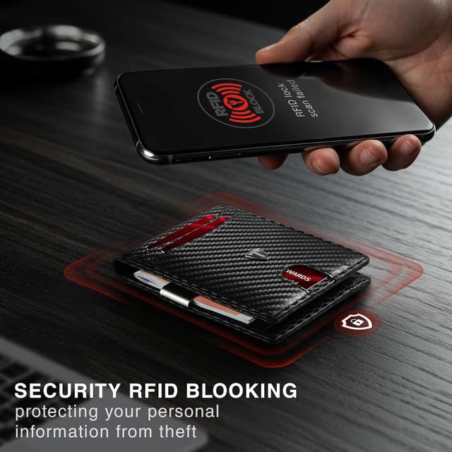 Detalle de Tomylv Men’s Slim RFID Blocking Carbon Fibre Wallet with 12 Card Slots, Money Clip & ID Window (Black)