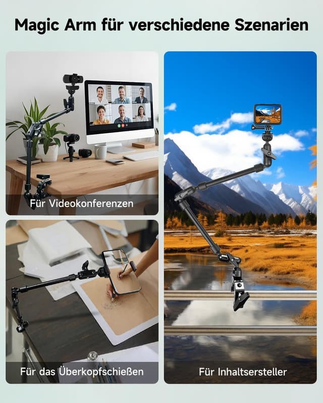 Detalle 2 de JEBUTU 22"/56 cm Magic Arm mit Super Clamp – flexibles Tischstativ mit 1/4" Gewinde, schwarz