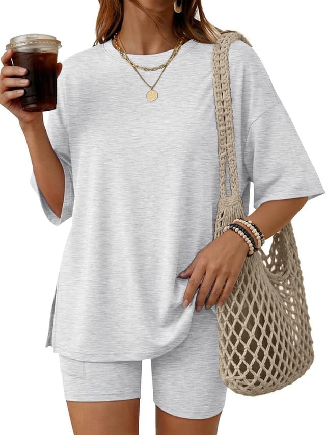 Detalle de LILLUSORY Women’s Lounge Sets: Rayon-Spandex Shorts 2-Piece Pajamas (Relaxed Tee + Biker Shorts)