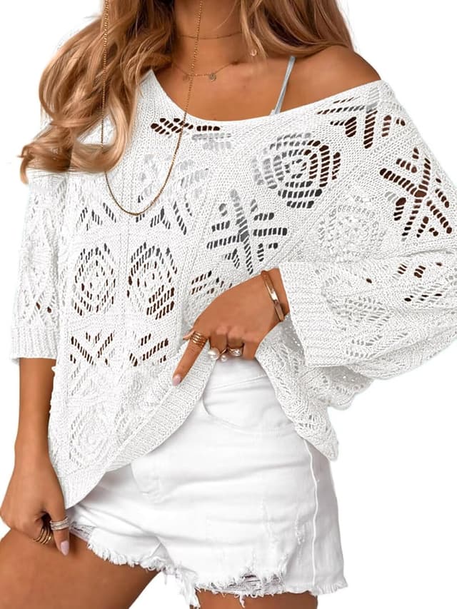 Detalle de Saodimallsu Women’s Crochet Cover Up Top (Mesh, Off-Shoulder, 3/4 Sleeve)