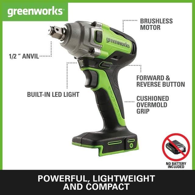 Detalle de Greenworks GD24IW400 Cordless Impact Wrench (Brushless) – 400Nm, 1/2" coupler (tool only)