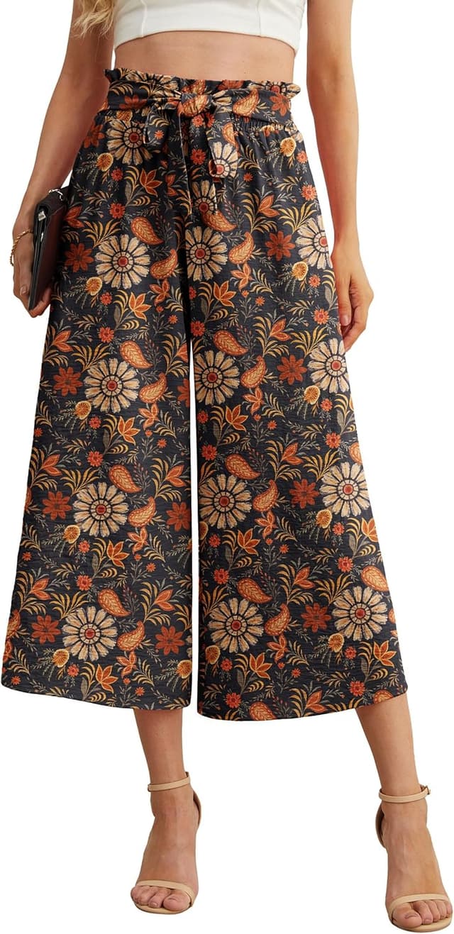 Detalle de IWOLLENCE Women’s Flowy Wide-Leg Pants with High Waist & Adjustable Knot