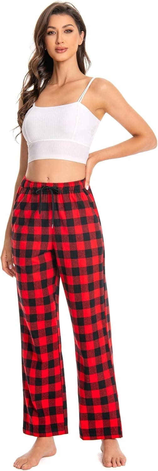 Detalle de Pantalon de pyjama femme Cyathea en flanelle de coton 100% à carreaux avec poches et taille réglable
