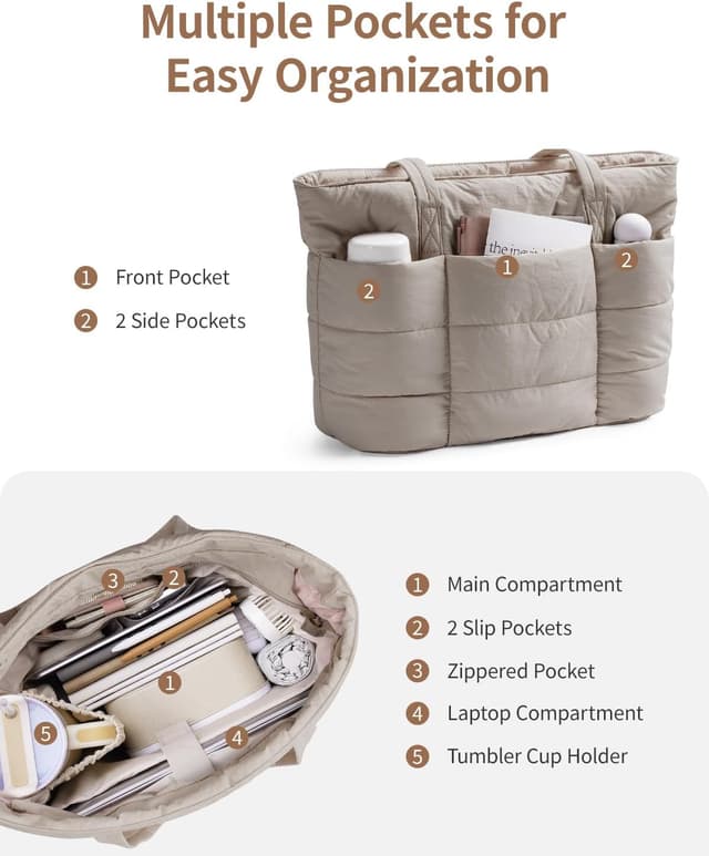 Detalle 2 de Narwey Quilted Puffer Tote Bag for Women with Cup Holder and Padded 15.6" Laptop Compartment
