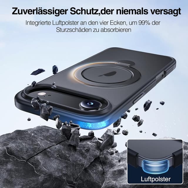 Detalle de Anqrp 360° All-in-One-Ständerhülle für iPhone 17 Air (6,5 Zoll) – Magnetisch mit drehbarem Ringhalter, Schwarz
