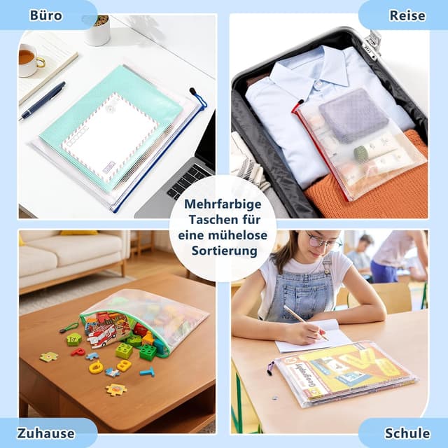 Detalle 2 de SUNEE Dokumententasche A4 als Set (12 Stück) – wasserdichte Mesh-Hüllen mit Reißverschluss in 6 Farben