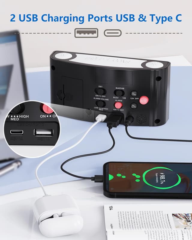 Detalle de Réveil numérique avec vibration pour dormeurs profonds et malentendants, chargeur C, format 12/24 h, écran LED grand format