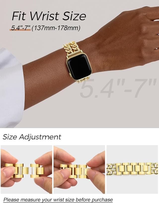Detalle de JR.DM Gold Watch Bands for Women — Adjustable Metal Chain Bracelet for Apple Watch 38mm–49mm (No Case)