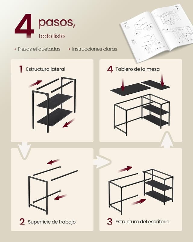 Thumbnail 6 de VASAGLE Scrivania Angolare a L LWD135BE01 110 x 80 cm con scaffale reversibile e ripiano regolabile in altezza, Nero Ebano