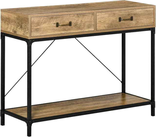 Detalle de HOMCOM Table Console d’entrée industrielle avec 2 tiroirs et plateau aspect bois (100 x 35 x 76 cm)